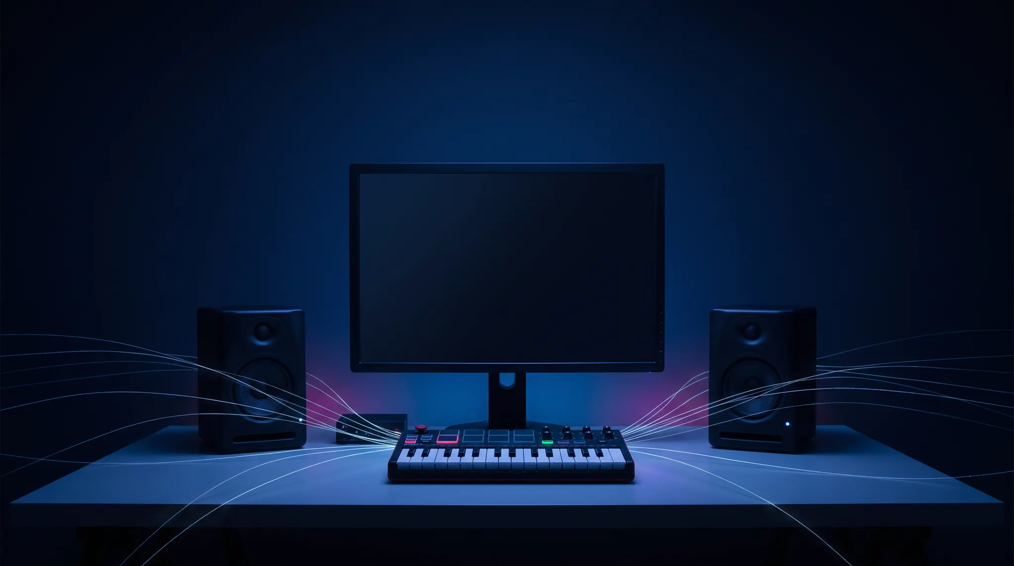 A dark music studio with a MIDI controller, monitor, speakers, and flowing lines of light