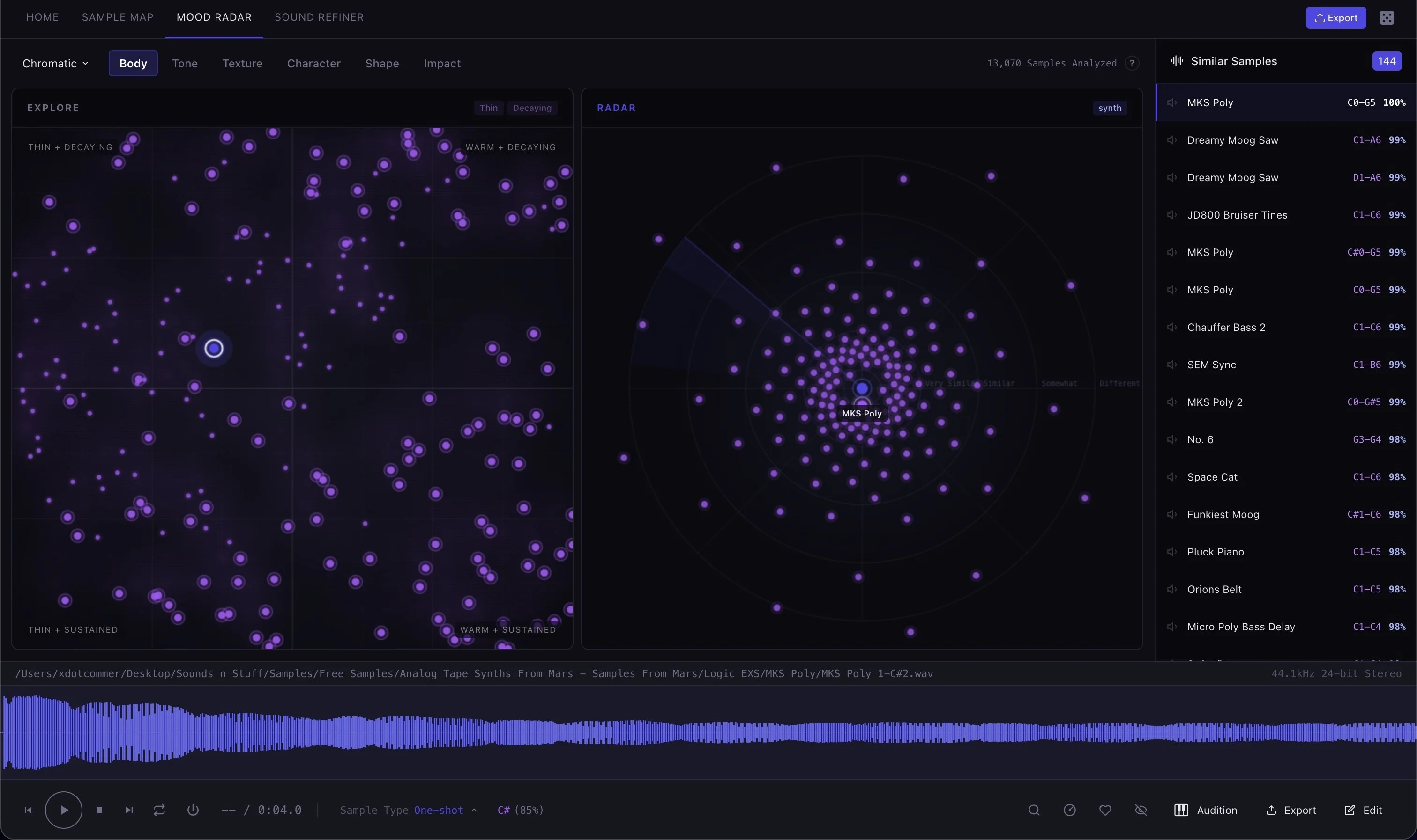 Sample Miner mood radar interface showing analyzed sounds and similar samples